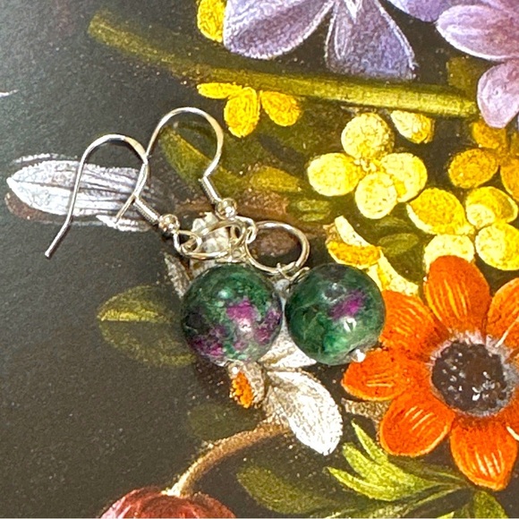 Zoisite Ruby dangle spheres silver 925 long earrings/Gemini grounding statement - Picture 1 of 5